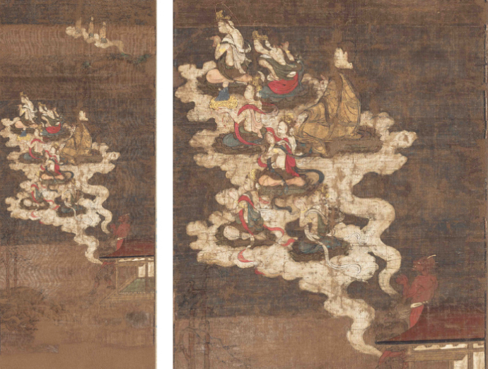左は「帰来迎図」の全図。右は一部を拡大したもの。 ※資料提供：香雪美術館