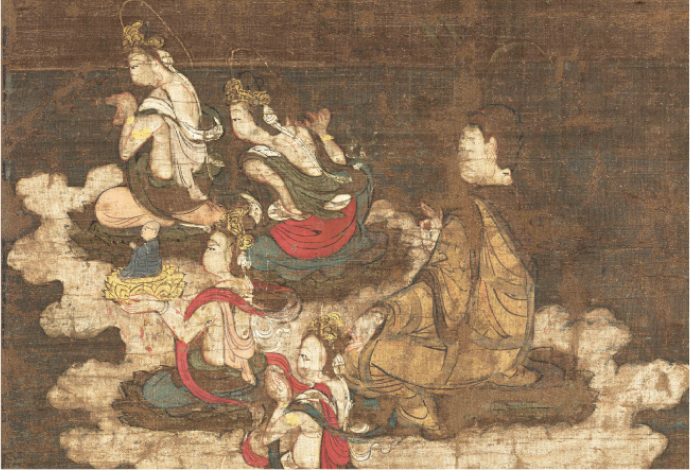 阿弥陀如来（一番大きな仏）の左前に座る観音菩薩が持つ蓮華に乗っているのが往生者。その周囲では奏楽菩薩（そうがくぼさつ）が楽器を演奏している。 ※資料提供：香雪美術館