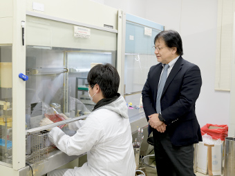 【写真6】埃や環境微生物の混入（コンタミネーション）を避けながら、無菌状態で作業を行うためのクリーンベンチ。