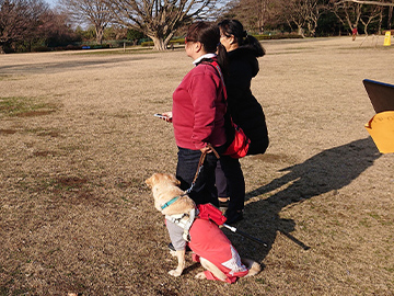 【写真4】原っぱのような、取っ掛かりが何もない場所だと、どこを向いてどこまで歩いたのか、感覚がわからなくなるため、非常に難しい歩行になるという。