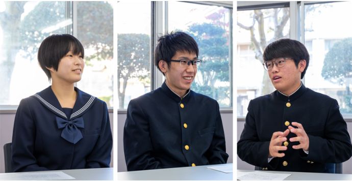 （左より）普通科3年の中島寧々さん、林浩毅さん、佐川晄太朗さん