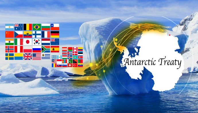 研究やシンポジウムなどで使用されたテーマ画像：南極条約は意思決定権限を持つ南極条約協議国（29か国）と、加盟しているが意思決定権限を持たない非協議国（27か国）による2レイヤー構造で運営されている。