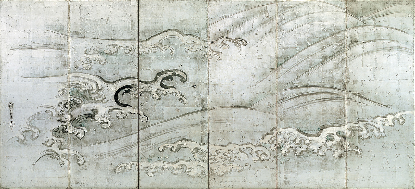 酒井抱一「波図屛風」 江戸時代・文化12(1815)年頃 6曲1双 紙本銀地墨画着色 静嘉堂文庫美術館蔵