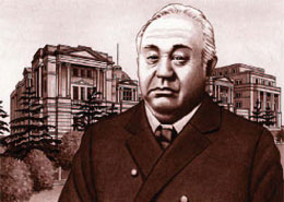 熟年の川田の肖像と日銀の建物